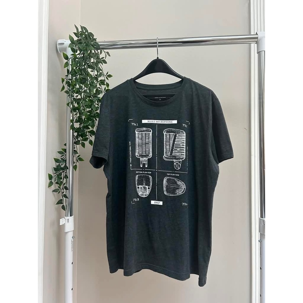 Banana Republic Graphic Tee Blues Microphone Blueprint Charcoal Gray XL
